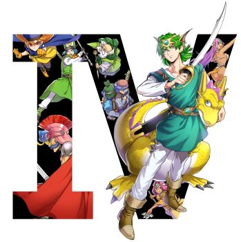 3girls 5boys alena_(dq4) aqua_tunic armor ass blue_eyes brey cape character_ear_piercing clift coat curly_hair dark-skinned_female dark_skin dragon dragon_quest dragon_quest_iv dress earrings facial_hair fins green_coat green_hair green_robe head_fins healslime hero_(dq4) highres hoimin holding holding_sword holding_weapon horns jewelry komodo_(dragon_quest) loincloth long_hair manya_(dq4) metal_bikini metal_bra minea_(dq4) multiple_boys multiple_girls mustache open_mouth orange_dress orange_hair orange_loincloth pants pink_armor plume purple_hair red_cape red_eyes robe ryan_(dq4) sanpo_kbg siblings single_earring sisters slime_(dragon_quest) sword torneko tunic weapon white_background white_pants yellow_scales yellow_tunic