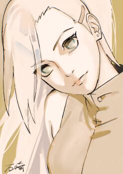 Rule 34 | 1girl, breasts, earrings, green eyes, head tilt, highres, jewelry, large breasts, lips, long hair, naruto (series), naruto shippuuden, o hqfu, ponytail, sepia, signature, smile, solo, stud earrings, upper body, yamanaka ino