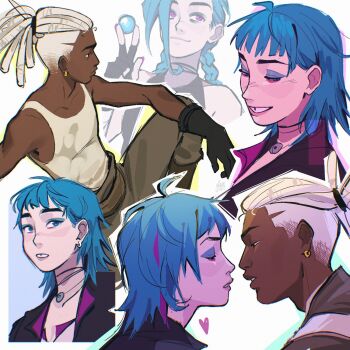 2boys 2girls arcane:_league_of_legends arcane_jinx black_gloves blue_eyes blue_eyeshadow blue_hair braid commentary dark-skinned_female dark-skinned_male dark_skin dreadlocks dual_persona earrings ekko_(alternate_timeline)_(arcane) ekko_(league_of_legends) english_commentary eyeshadow gloves gluca half-closed_eyes hetero highres imminent_kiss interracial jewelry jinx_(league_of_legends) league_of_legends long_hair low_twin_braids makeup medium_hair multiple_boys multiple_girls pink_eyes ponytail powder_(alternate_timeline)_(arcane) smile tank_top tooth_gap twin_braids undercut very_dark_skin white_hair white_tank_top