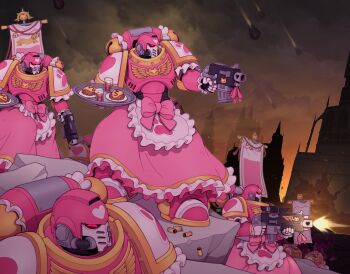 adeptus_astartes alternate_costume ammunition animal_print apron architecture armor armored_dress banner battle battle_standard bolter bow cat_print cathedral chumiicham church city cityscape cloud cloudy_sky commentary concrete cup dress drop_pod english_commentary enmaided explosion eyelashes food frilled_apron frilled_dress frilled_sleeves frills glass glowing glowing_eyes gold_trim gothic_architecture gun handgun heart heart_print highres holding holding_gun holding_tray holding_weapon holster maid maid_apron multicolored_armor omelet omurice outdoors outline paw_print pink_armor pink_bow pink_dress pink_eyes pink_ribbon power_armor ribbon rubble science_fiction shell_casing sky smoke space_maids_(chumiicham) tray tube urban waist_apron war_banner warhammer_40k weapon white_apron white_armor white_outline