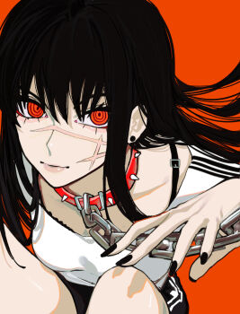 1girl aegyo_sal black_hair black_nails chain chainsaw_man closed_mouth collar facial_scar highres long_hair looking_at_viewer nail_polish red_collar red_eyes ringed_eyes sailen0 scar scar_on_cheek scar_on_face solo spiked_collar spikes yoru_(chainsaw_man)