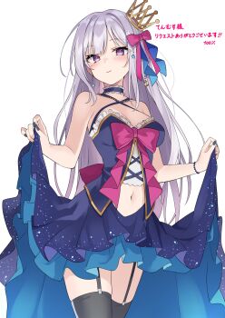 100percent_park 1girl absurdres bare_arms bare_shoulders black_thighhighs blue_choker blue_eyes blue_skirt bow breasts choker cleavage clothes_lift commentary_request commission cowboy_shot criss-cross_halter crown dress dress_lift earrings frilled_choker frills garter_straps gradient_eyes grey_hair hair_ornament hair_ribbon halter_dress halterneck highres hoshizuki_lunna indie_virtual_youtuber jewelry layered_skirt lifting_own_clothes long_hair long_skirt medium_breasts mini_crown mole mole_under_eye multicolored_eyes navel off-shoulder_dress off_shoulder pink_bow pink_ribbon purple_eyes ribbon second-party_source simple_background skeb_commission skirt sleeveless sleeveless_dress solo thighhighs virtual_youtuber white_background