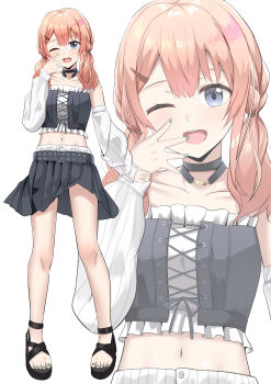 1girl :d ;d absurdres belt belt_buckle black_belt black_sandals black_skirt blue_eyes blue_nails blush braid buckle cac_itinose collarbone commentary_request detached_sleeves frills hair_between_eyes hair_ornament hairclip highres long_hair long_sleeves low_twintails midriff nail_polish navel one_eye_closed open_mouth original pleated_skirt puffy_long_sleeves puffy_sleeves sandals simple_background skirt sleeves_past_wrists smile solo standing toenail_polish toenails twintails white_background white_sleeves zoom_layer