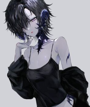 Rule 34 | 1girl, absurdres, au ra, bare shoulders, black camisole, black hair, black jacket, breasts, camisole, commentary request, dragon girl, dragon horns, face piercing, final fantasy, final fantasy xiv, hachi0047, hair over one eye, highres, horns, jacket, jacket partially removed, looking at viewer, midriff, mouth piercing, navel, piercing, purple eyes, scales, simple background, solo, strap pull, upper body, warrior of light (ff14), white background