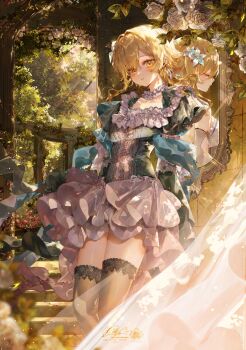 1girl alternate_costume black_thighhighs blonde_hair closed_eyes commentary_request curtains different_reflection dress earrings floating_hair flower genshin_impact green_dress hair_between_eyes hair_flower hair_ornament highres jewelry long_sleeves lumine_(genshin_impact) mirror outdoors parted_lips reflection short_hair_with_long_locks short_sleeves stairs standing thighhighs utsuhostoria white_flower yellow_eyes