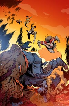 6+boys 6+girls amputee anissa_(invincible) blood bone cape conquest_(invincible) destruction disembodied_hand dynamic_pose flying gauntlets highres invincible_(series) leo_chiola limbs motion_lines multiple_boys multiple_girls muscular muscular_female muscular_male omni-man orange_sky red_sky single_gauntlet sky speed_lines thragg_(invincible) viltrumite violence wreckage