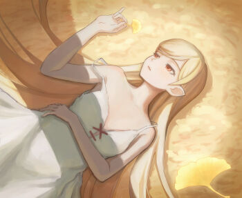 1girl arm_across_waist bare_arms bare_shoulders blonde_hair center_cross_lace center_opening collarbone commentary_request dress falling_leaves flat_chest ginkgo_leaf half-closed_eyes highres holding holding_leaf kiss-shot_acerola-orion_heart-under-blade kiss-shot_acerola-orion_heart-under-blade_(young) kizumonogatari leaf long_hair lying monogatari_(series) on_back orange_eyes oretekiya oshino_shinobu parted_lips pinky_out pointy_ears shade solo straight_hair strap_slip sundress very_long_hair white_dress