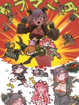 Rule 34 | >:(, > <, 1boy, 1other, 6+girls, :<, aimaina, akiyama mizuki, animalization, black gloves, bow, character counter request, character request, claw pose, closed mouth, commentary, demon girl, demon horns, dress, explosion, explosion background, fingerless gloves, frilled dress, frills, frown, gloves, grey hair, gun, hair bow, hatsune miku, heart, highres, himitsu no valentine daisakusen! (project sekai), holding, holding gun, holding weapon, horns, lizard tail, long hair, momoi airi, multiple girls, nenerobo, official alternate costume, official alternate hairstyle, open mouth, orange background, other with female, pink dress, pink hair, project sekai, red eyes, salamander (vocaloid), shinonome akito, shinonome ena, short hair, short sleeves, siiaka023, slit pupils, sound effects, tail, v-shaped eyebrows, vocaloid, weapon, white bow, wonderlands x showtime miku