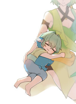 Rule 34 | barefoot, breasts, character request, cleavage, commentary request, dress, green dress, green hair, green shirt, grey pants, hair intakes, hair over shoulder, highres, honkai (series), kino mota, long hair, pants, shadow, shirt, short sleeves, simple background, small breasts, solo focus, toy, white background