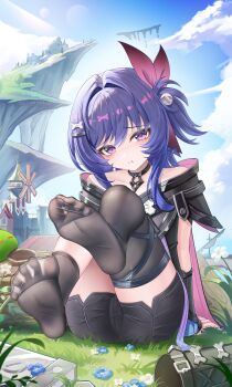 1girl absurdres asymmetrical_legwear bare_shoulders black_shorts black_socks black_thighhighs blue_hair blush collarbone eyelashes full_body genshin_impact grass highres jndfh loli outdoors prune_(genshin_impact) purple_eyes shorts single_sock single_thighhigh sitting socks soles solo thighhighs thighs