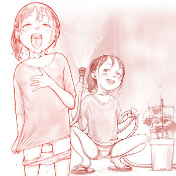 2girls artist_request blush cleft_of_venus flat_chest highres hose loli looking_at_viewer monochrome multiple_girls original panties panty_pull pussy pussy_peek see-through_clothes squatting tagme tongue tongue_out uncensored underwear wet wet_clothes wet_hair