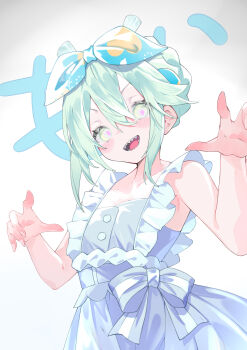 1girl absurdres antler_ornament antlers bare_shoulders blue_dress blue_ribbon bow breasts commentary_request dress fate/grand_order fate_(series) green_eyes green_hair hair_between_eyes hair_bun hair_ribbon highres horns kebol louhi_(fate) louhi_(first_ascension)_(fate) purple_loincloth ribbon sharp_teeth short_hair sidelocks small_breasts smile solo teeth