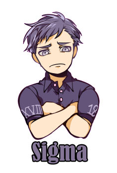 1boy black_hair black_shirt character_name chinese_commentary closed_mouth collared_shirt commentary_request crossed_arms frown grey_eyes kyokugen_dasshutsu male_focus melon_(weibo_1846017107) no_nose roman_numeral shirt short_sleeves sigma_(kyokugen_dasshutsu) simple_background solo white_background zero_escape:_toki_no_dilemma