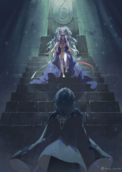 2girls arms_at_sides barefoot braid cape closed_mouth commentary_request facing_away female_byleth_(fire_emblem) fire_emblem fire_emblem:_three_houses from_behind from_below hair_ribbon highres light_beam light_particles long_hair looking_at_another medium_hair mo_(ine_mao) multiple_girls nintendo on_stairs pelvic_curtain red_ribbon ribbon ribbon_braid sothis_(fire_emblem) stairs stone_stairs throne twintails twitter_username very_long_hair white_ribbon