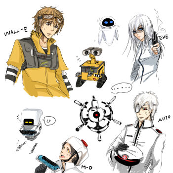 1girl 3boys anger_vein animification auto black_sclera blue_eyes brown_eyes brown_hair colored_sclera disney eve_(wall-e) eyepatch flying_sweatdrops goggles gun hat long_hair m-o machine multiple_boys peaked_cap personification red_eyes robot schiffercake short_hair spoken_anger_vein sweatdrop wall-e wall-e_(character) weapon white_hair yellow_eyes