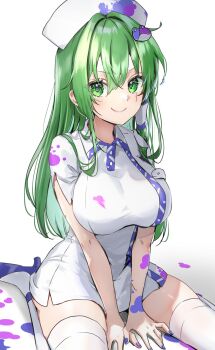1girl alternate_costume blue_nails blue_shoes breasts closed_mouth dress frog_hair_ornament green_eyes green_hair hair_ornament hair_tubes hat high_heels highres kochiya_sanae large_breasts long_hair looking_at_viewer multicolored_nails nail_polish nurse nurse_cap paint paint_on_clothes purple_nails shironeko_yuuki shoes short_sleeves single_hair_tube sitting smile snake_hair_ornament solo thighhighs thighs touhou two-tone_nails wariza white_background white_dress white_thighhighs