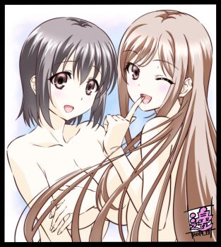 2019 2girls ayane_shirakawa black_hair breasts brown_eyes brown_hair collarbone covering_breasts covering_privates dated highres kotone_shirakawa large_breasts long_hair looking_at_viewer multiple_girls official_art one_eye_closed open_mouth overflow_(anime) short_hair siblings sidelocks sisters smile watanabe_yoshihiro wink