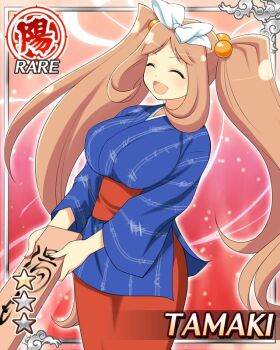 1girl :d bath_yukata blue_kimono border bow breasts brown_hair card_(medium) character_name closed_eyes english_text game_cg green_eyes hair_bobbles hair_bow hair_ornament holding holding_plate japanese_clothes kimono large_breasts long_hair non-web_source official_alternate_costume official_art open_mouth plate senran_kagura senran_kagura_new_wave smile solo tamaki_(senran_kagura) twintails white_bow wooden_plate yukata