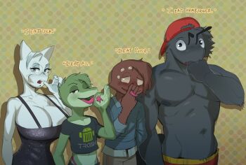 1girl 3boys antennae apis arthropod_boy backwards_hat black_hair blush breasts brown_hair cat_girl cleavage cunnilingus_gesture extra_eyes fellatio_gesture forked_tongue furry gen_5_pokemon glasses green_hair hat huge_breasts monster_boy monster_girl multiple_boys muscular muscular_male nintendo nipples one_eye_closed pectoral_cleavage pectorals pokemon pokemon_(creature) snivy spider_boy tongue topless_male wink