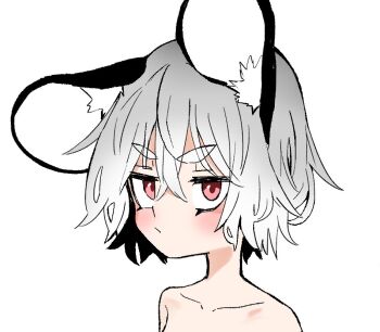 1girl :/ animal_ear_fluff animal_ears blush closed_mouth collarbone commentary_request frown ginger_ale_(syouga_6383) grey_hair hair_between_eyes looking_at_viewer mouse_ears mouse_girl nazrin red_eyes short_hair simple_background solo touhou upper_body v-shaped_eyebrows white_background