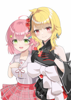 Rule 34 | 2girls, ahoge, bare shoulders, black dress, blonde hair, blush, bow, breasts, cat hair ornament, closed mouth, double-parted bangs, dress, flower, glawsbsxpytn7j9, green eyes, hair flower, hair ornament, hand on own chest, hashtag-only commentary, highres, hololive, hololive indonesia, kaela kovalskia, kaela kovalskia (new year), large bow, large breasts, looking at viewer, medium hair, multiple girls, official alternate costume, official alternate hairstyle, open mouth, pink hair, red eyes, red skirt, sakura miko, sakura miko (school uniform), shirt, short hair, short sleeves, simple background, skirt, smile, virtual youtuber, white background, white bow, white shirt