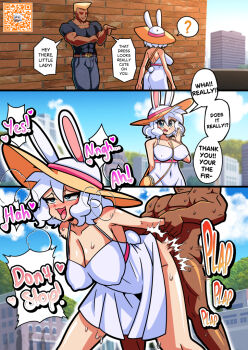 1boy 1girl acefish animal_ears blue_eyes blush breasts bulge cleavage dark-skinned_male dark_skin large_breasts mary_(acefish) medium_hair open_mouth original rabbit_ears rabbit_girl sex short_hair white_hair