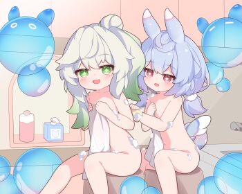 2girls animal_ears bath_stool bathroom commission completely_nude convenient_censoring covering_privates flat_chest genshin_impact gradient_hair green_eyes green_hair highres klee_(genshin_impact) loli long_hair low_twintails multicolored_hair multiple_girls nahida_(genshin_impact) nude nude_cover pixiv_commission rabbit_ears rubber_duck same-sex_bathing shared_bathing shirousagi_(user_erwx7425) sigewinne_(genshin_impact) sitting slime_(genshin_impact) soap_bottle soap_bubbles soap_censor stool symbol-shaped_pupils towel twintails white_hair
