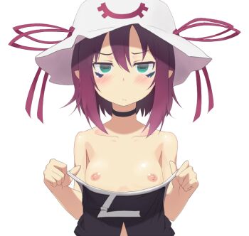 1girl :< bad_id bad_pixiv_id blush breasts choker embarrassed facial_mark female_focus frown green_eyes hat hat_ribbon looking_at_viewer memesaso merry_nightmare nipples pointy_ears purple_hair ribbon short_hair simple_background small_breasts solo symbol-shaped_pupils top_pull undressing white_background yumekui_merry