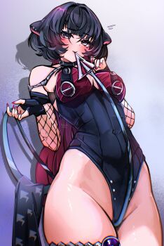 1girl absurdres animal_ears biting_own_tail black_hair black_one-piece_swimsuit black_sarong blue_background blue_hair blush breast_curtains breasts cleavage commentary covered_navel cowboy_shot fishnet_sleeves fishnets highres holding_own_tail jane_doe_(nocturne_of_light)_(zenless_zone_zero) jane_doe_(zenless_zone_zero) ketari large_breasts leather_leotard long_hair looking_at_viewer mouse_ears mouse_girl mouse_tail multicolored_hair o-ring o-ring_swimsuit official_alternate_costume one-piece_swimsuit parted_lips red_hair red_nails red_one-piece_swimsuit sarong shadow sharp_tail smile solo swimsuit tail thigh_strap two-tone_one-piece_swimsuit unworn_sarong zenless_zone_zero