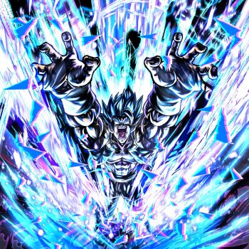 1boy arm_guards arms_up black_vest blue_aura blue_eyes blue_hair blue_sash buuchan_dbart dragon_ball dragon_ball_super dragon_ball_super_broly from_above gogeta highres light_particles metamoran_vest muscular muscular_male open_mouth saiyan sash solo super_saiyan super_saiyan_blue teeth vest