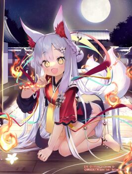 1girl :d absurdly_long_hair animal_ear_fluff animal_ears anklet architecture asagi_yuna bare_legs barefoot bell black_skirt blunt_bangs blush braid commentary_request double_bun east_asian_architecture fang fire flower fox_ears fox_girl fox_shadow_puppet fox_tail french_braid full_body hair_bun hair_flower hair_ornament hand_up japanese_clothes jewelry jingle_bell kitsune kneeling long_hair looking_at_viewer moon multiple_tails night official_art open_mouth pyrokinesis side_slit skin_fang skirt smile solo tail very_long_hair watermark white_hair wide_sleeves yako_(z/x) yellow_eyes zillions_of_enemy_x