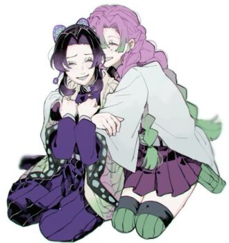 2girls animal_print bug butterfly butterfly_hair_ornament butterfly_print butterfly_print_haori checkered_haori gradient_hair hair_ornament haori hug insect japanese_clothes kanroji_mitsuri kendama_01 kimetsu_no_yaiba kochou_shinobu multicolored_hair multiple_girls parted_bangs print_haori