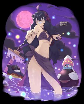 1girl @_@ ^_^ ahoge ball beachball bead_bracelet beads bikini black_eyes black_hair bow bracelet breasts closed_eyes clothed_pokemon cloud cowboy_shot dark_cloud donut_innertube fangs fireflies from_below full_moon gastly gen_1_pokemon gen_6_pokemon gengar ghost_pose grin hair_between_eyes hair_ornament hairband hands_up hex_maniac_(pokemon) hex_maniac_(pokemon_xy) highres in_water inkay innertube jewelry long_hair long_skirt messy_hair moon navel night nintendo o-ring o-ring_bikini on_innertube open_mouth partially_shaded_face pink_moon pokemon pokemon_(creature) pokemon_xy purple_bikini purple_nails purple_skirt purple_sky round_eyewear sarong shaded_face skirt sky small_breasts smile squid sunglasses swim_ring swimsuit thighs wading wanderjegson wet
