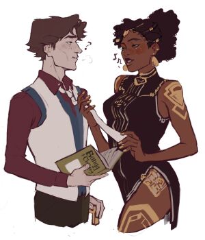 1boy 1girl ? arcane:_league_of_legends bangg_cherry bare_shoulders blush book brown_hair cane cheekbones collared_shirt colored_veins commentary confused couple dark-skinned_female dark_skin dreadlocks dress earrings english_commentary from_side glitter glitter_makeup gold_tattoo hair_ornament hair_up head_tilt hetero highres holding holding_cane interracial jewelry layered_clothes league_of_legends long_sleeves looking_at_another looking_down mel_(league_of_legends) mole musical_note necktie nose_blush open_book pants parted_bangs parted_lips shirt shoulder_plates side_slit sleeveless sleeveless_dress standing thighs upper_body very_dark_skin vest viktor_(league_of_legends) yellow_nails