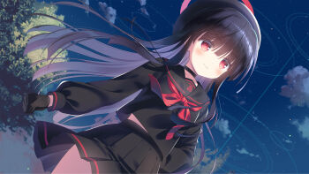 1girl beret black_choker black_gloves black_hair black_hat black_sailor_collar black_serafuku black_skirt blue_archive blunt_bangs blush choker clenched_hand closed_mouth cloud collarbone cowboy_shot determined dutch_angle eyes_visible_through_hair floating_hair gloves hair_over_eyes halo hat highres justice_task_force_member_(blue_archive) long_hair long_sleeves looking_ahead midriff_peek miniskirt neckerchief night official_art outdoors pleated_skirt red_eyes red_halo red_neckerchief sailor_collar santa_matsuri school_uniform serafuku sidelocks skirt sky solo standing star_(sky) tareme teeth tree unusually_open_eyes v-shaped_eyebrows very_long_hair