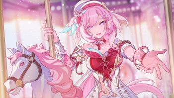 1girl absurdres amusement_park bare_shoulders beret breasts carousel chinese_commentary commentary_request diamond-shaped_pupils diamond_(shape) dress elysia_(hi_love_elf)_(honkai_impact) elysia_(honkai_impact) gloves hat henjiwumei highres honkai_(series) honkai_impact_3rd large_breasts long_hair miyoushe_watermark multicolored_hair pink_gloves pink_hair purple_eyes reaching reaching_towards_viewer red_dress smile solo symbol-shaped_pupils two-tone_dress two-tone_hair very_long_hair watermark white_dress white_hair