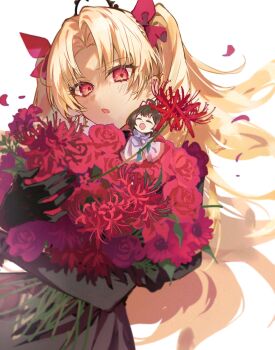 1girl 2girls black_dress black_gloves blonde_hair character_request commentary_request dark-skinned_female dark_skin dress ereshkigal_(fate) ereshkigal_alter_(fate) fate/grand_order fate_(series) flower gloves hair_ribbon highres long_hair long_sleeves looking_at_viewer mini_person multiple_girls open_mouth parted_bangs poppoman red_eyes ribbon tiara two_side_up