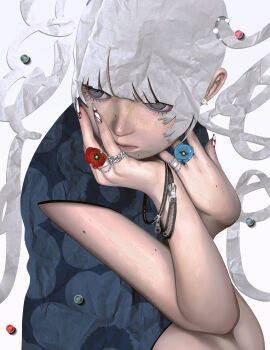 1girl absurdres chain commentary_request ear_piercing flower_ring grey_hair highres jewelry long_hair mikasamu mole mole_under_eye mole_under_mouth original piercing ring solo zipper zipper_pull_tab