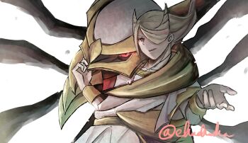 1boy 1other blonde_hair cowboy_shot facing_to_the_side floating flying gen_4_pokemon giratina giratina_(origin) glowing glowing_eyes gold_trim hair_over_one_eye hair_slicked_back hand_on_another&#039;s_chin highres leaning_on_person legendary_pokemon nintendo open_hand outstretched_arms pants pokemon pokemon_(creature) pokemon_legends:_arceus red_eyes signature sweater swept_bangs user_xggc7488 volo_(pokemon) white_pants white_sweater