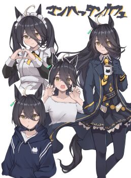 1girl ahoge alternate_costume alternate_hairstyle animal_ears apron black_coat black_gloves black_hair claw_pose coat collared_shirt commentary_request earrings enmaided gao gloves hair_between_eyes highres hood hood_down hooded_jacket horse_ears horse_girl jacket jewelry long_hair long_sleeves maid maid_apron maid_headdress manhattan_cafe_(creeping_shadow)_(umamusume) manhattan_cafe_(umamusume) multicolored_hair multiple_views necktie official_alternate_costume peperoncino-sama shirt simple_background single_earring skirt umamusume white_apron white_background white_hair yellow_eyes yellow_necktie