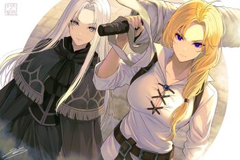 Rule 34 | 2girls, belt, black capelet, black dress, breasts, brown belt, capelet, cleavage, closed mouth, collarbone, collared shirt, commentary request, dress, eris no seihai, eularia, grey eyes, grey hair, holding, holding sword, holding weapon, large breasts, long hair, long sleeves, looking at viewer, multiple girls, official artist extra, purple eyes, san (eris no seihai), shirt, signature, sword, very long hair, weapon, white shirt, yuunagi (seventh heaven)