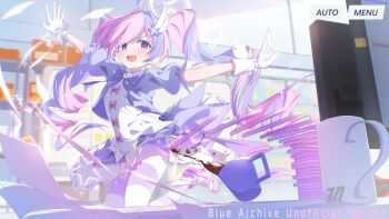 Rule 34 | 1girl, absurdres, blue archive, blue hair, bow, bowtie, clothes lift, coffee, coffee mug, commentary request, copyright name, cropped jacket, cup, drill hair, full body, gloves, hair ornament, highres, indoors, jacket, kneeling, layered skirt, long hair, looking at viewer, magical girl, mary janes, mug, multicolored hair, multicolored skirt, open mouth, outstretched arms, pantyhose, paper, partial commentary, pink bow, pink hair, pink shoes, purple bow, purple bowtie, purple eyes, purple jacket, reisa (blue archive), reisa (magical) (blue archive), shirt, shoes, skirt, skirt lift, smile, solo, sparkle, spice mega, spread arms, star (symbol), star hair ornament, striped clothes, striped pantyhose, twin drills, twintails, two-tone hair, v-shaped eyebrows, very long hair, white gloves, white shirt, wind, wind lift