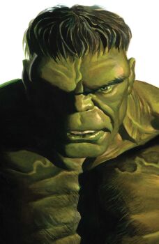 1boy absurdres alex_ross avengers_(series) chest_hair colored_skin comic_cover cover cover_page green_eyes green_hair green_skin highres hulk looking_at_viewer male_focus marvel muscular muscular_male official_art one_eye_in_shadow parted_lips realistic short_hair solo teeth topless_male upper_body veiny_pectorals western_comics_(style) white_background