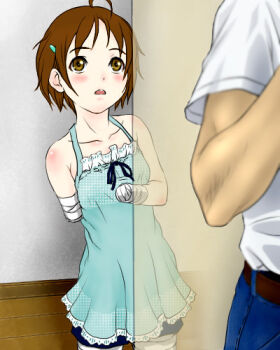 Rule 34 | ahoge, amputee, bandages, blush, brown eyes, brown hair, dress, hair ornament, hairclip, karakure, looking up, lowres, ribbon, short hair