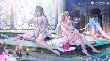 Rule 34 | 2girls, absurdres, acacia (snowbreak), bare shoulders, barefoot, breasts, bridal legwear, brown hair, commentary, dress, elbow gloves, english commentary, flower, full body, gloves, grey hair, hair between eyes, hair flower, hair ornament, hand up, highres, large breasts, long hair, looking at viewer, marian andreotti, multiple girls, official art, parted lips, red eyes, single elbow glove, single thighhigh, sitting, smile, snowbreak: containment zone, thighhighs, toes, wedding dress, white gloves, white thighhighs, yellow eyes