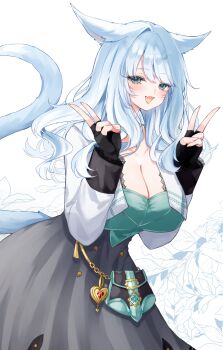 1girl absurdres animal_ears bag blue_eyes breasts cat_ears cat_girl cat_tail cleavage dress facial_mark fang final_fantasy final_fantasy_xiv fingerless_gloves gloves handbag highres large_breasts long_hair open_mouth sana_(sanamaru_0w0) skin_fang tail v warrior_of_light_(ff14) whisker_markings