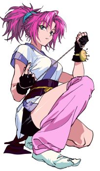 1girl black_gloves fingerless_gloves gloves highres hunter_x_hunter machi_komacine on_one_knee pink_hair sgossho short_sleeves simple_background solo string white_background
