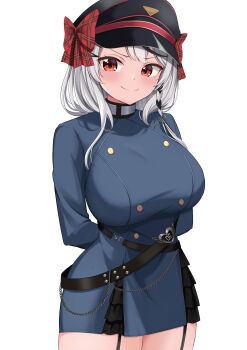 1girl absurdres alternate_costume arms_behind_back belt black_hat black_streaks blush bow braid breasts buttons closed_mouth commentary_request cowboy_shot double-breasted garter_straps grey_hair hat hat_bow highres hololive large_breasts long_hair long_sleeves looking_at_viewer military_dress_uniform military_uniform multicolored_hair peaked_cap ramkilog red_bow red_eyes sakamata_chloe simple_background single_braid skirt smile solo standing streaked_hair taut_clothes virtual_youtuber white_background