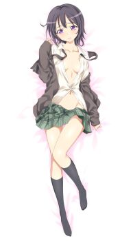 1girl black_cardigan black_hair black_socks blush boku_wa_tomodachi_ga_sukunai breasts cardigan closed_mouth clothes_pull collarbone dakimakura_(medium) full_body green_skirt groin hand_up highres looking_at_viewer lying mikazuki_yozora navel on_back open_clothes open_shirt partially_unbuttoned plaid_clothes plaid_skirt pleated_skirt purple_eyes school_uniform shirt skirt skirt_pull small_breasts socks solo st._chronica_academy_school_uniform thighs watanabe_yoshihiro white_shirt