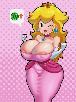 1girl areola_slip arrow_(symbol) bare_shoulders blonde_hair blush breasts bursting_breasts cleavage crown dot_eyes dress elbow_gloves eyelashes female_focus food fruit gloves huge_breasts long_hair mario_(series) nintendo one_eye_closed open_mouth paper_mario paper_peach pink_dress polka_dot polka_dot_background princess_peach shiny_skin skin_tight skindentation sleepiitreat smile solo standing thick_thighs thighs watermelon white_gloves wide_hips wink